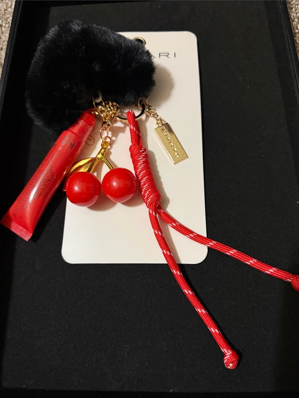 New! Tahari Red Cherry Pom Keychain Charm